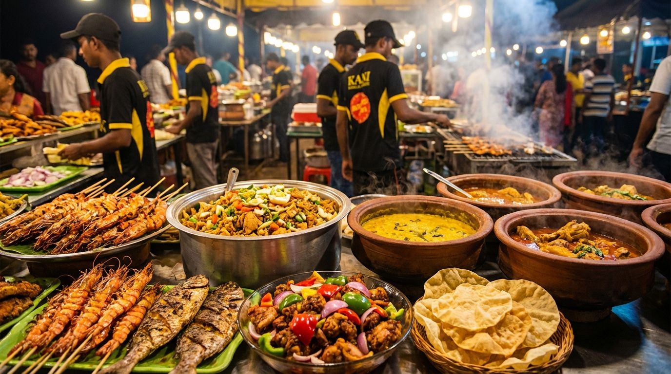 Vibrant Sri Lankan street food night market feast